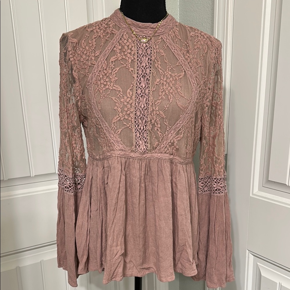 Women's Mauve Lace Peasant Blouse - American Eagle